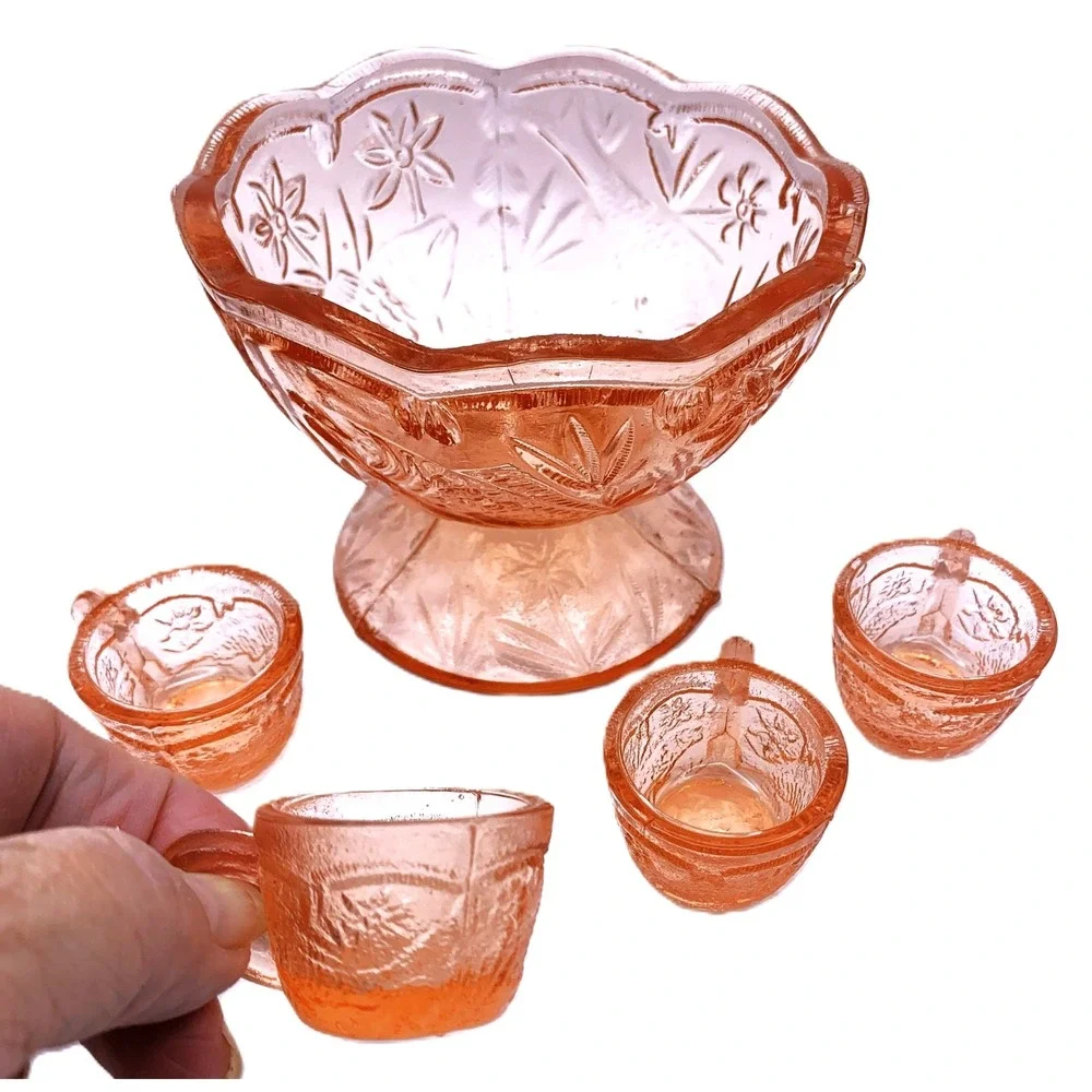 MINI Voglesong Summit Pink Glass Koi Fish Pattern Punchbowl & Cups 5 pc Set Vtg